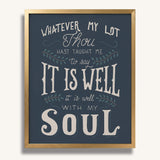 It Is Well With My Soul hand drawn framed wall art print by Scripture Type #color_navy
