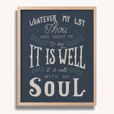 It Is Well With My Soul hand drawn framed wall art print by Scripture Type #color_navy