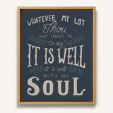 It Is Well With My Soul framed canvas art of well known hymn hand-drawn wall art by Scripture Type #color_navy