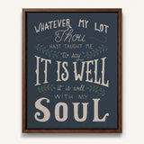 It Is Well With My Soul framed canvas art of well known hymn hand-drawn wall art by Scripture Type #color_navy