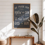 2 Corinthians 5:21  Knew No Sin framed art print by Scripture Type  #color_navy