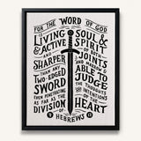 The Word of God is Living and Active Hebrews 4:12 Scripture canvas wall art hand-drawn by Scripture Type #color_black & white