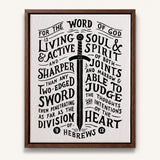The Word of God is Living and Active Hebrews 4:12 Scripture canvas wall art hand-drawn by Scripture Type #color_black & white