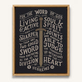 The Word of God is Living and Active Hebrews 4:12 Scripture canvas wall art hand-drawn by Scripture Type #color_charcoal