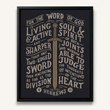 The Word of God is Living and Active Hebrews 4:12 Scripture canvas wall art hand-drawn by Scripture Type #color_charcoal