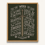 The Word of God is Living and Active Hebrews 4:12 Scripture canvas wall art hand-drawn by Scripture Type #color_forest