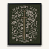 The Word of God is Living and Active Hebrews 4:12 Scripture canvas wall art hand-drawn by Scripture Type #color_forest