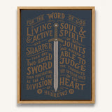 The Word of God is Living and Active Hebrews 4:12 Scripture canvas wall art hand-drawn by Scripture Type #color_navy