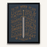 The Word of God is Living and Active Hebrews 4:12 Scripture canvas wall art hand-drawn by Scripture Type #color_navy