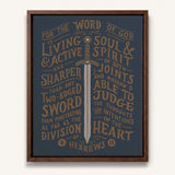 The Word of God is Living and Active Hebrews 4:12 Scripture canvas wall art hand-drawn by Scripture Type #color_navy