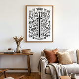 The Word of God is Living and Active Hebrews 4:12 Scripture canvas wall art hand-drawn by Scripture Type #color_black & white