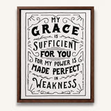 My Grace is Sufficient 2 Corinthians 12:9 framed canvas wall art hand-drawn by Scripture Type #color_black & white