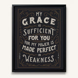 My Grace is Sufficient 2 Corinthians 12:9 framed canvas wall art hand-drawn by Scripture Type #color_charcoal