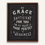 My Grace is Sufficient 2 Corinthians 12:9 framed canvas wall art hand-drawn by Scripture Type #color_charcoal