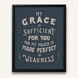 My Grace is Sufficient 2 Corinthians 12:9 framed canvas wall art hand-drawn by Scripture Type #color_navy
