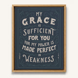 My Grace is Sufficient 2 Corinthians 12:9 framed canvas wall art hand-drawn by Scripture Type #color_navy