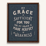 My Grace is Sufficient 2 Corinthians 12:9 framed canvas wall art hand-drawn by Scripture Type #color_navy
