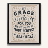 My Grace is Sufficient 2 Corinthians 12:9 framed canvas wall art hand-drawn by Scripture Type #color_stone