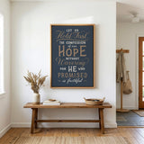 Hold Fast Hebrews 10:23 Framed canvas wall art hand-drawn Scripture typography by Scripture Type #color_navy