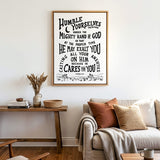 Humble yourselves casting all your anxiety 1 Peter 5:6-7 framed canvas wall art hand-drawn by Scripture Type #color_black & white