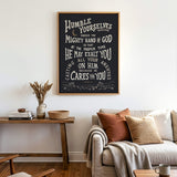 Humble yourselves casting all your anxiety 1 Peter 5:6-7 framed canvas wall art hand-drawn by Scripture Type #color_charcoal