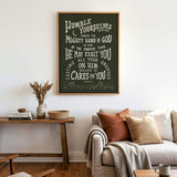Humble yourselves casting all your anxiety 1 Peter 5:6-7 framed canvas wall art hand-drawn by Scripture Type #color_forest