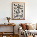 Humble yourselves casting all your anxiety 1 Peter 5:6-7 framed canvas wall art hand-drawn by Scripture Type #color_stone