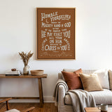 Humble yourselves casting all your anxiety 1 Peter 5:6-7 framed canvas wall art hand-drawn by Scripture Type #color_terracotta