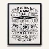 Romans 8:28 All Things For Good hand-drawn Christian framed canvas wall art by Scripture Type #color_black & white