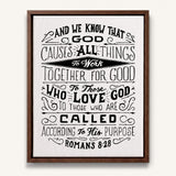 Romans 8:28 All Things For Good hand-drawn Christian framed canvas wall art by Scripture Type #color_black & white
