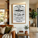 Romans 8:28 All Things For Good hand-drawn Christian framed canvas wall art by Scripture Type #color_black & white