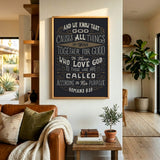 Romans 8:28 All things for good hand-drawn Scripture framed canvas wall art by Scripture Type #color_charcoal