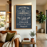 Romans 8:28 All Things For Good hand-drawn Christian framed canvas wall art by Scripture Type #color_navy