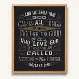 Romans 8:28 All things for good hand-drawn Scripture framed canvas wall art by Scripture Type #color_charcoal