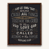 Romans 8:28 All things for good hand-drawn Scripture framed canvas wall art by Scripture Type #color_charcoal