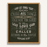 Romans 8:28 All things for good hand-drawn Scripture framed canvas wall art by Scripture Type #color_forest
