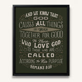 Romans 8:28 All things for good hand-drawn Scripture framed canvas wall art by Scripture Type #color_forest