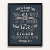 Romans 8:28 All Things For Good hand-drawn Christian framed canvas wall art by Scripture Type #color_navy