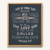 Romans 8:28 All Things For Good hand-drawn Christian framed canvas wall art by Scripture Type #color_navy