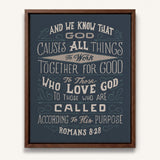 Romans 8:28 All Things For Good hand-drawn Christian framed canvas wall art by Scripture Type #color_navy