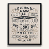 Romans 8:28 All things for good hand-drawn Scripture framed canvas wall art by Scripture Type #color_stone