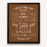 Romans 8:28 All Things For Good hand-drawn Christian framed canvas wall art by Scripture Type #color_terracotta