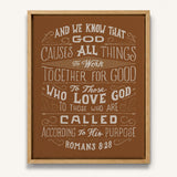 Romans 8:28 All Things For Good hand-drawn Christian framed canvas wall art by Scripture Type #color_terracotta
