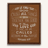 Romans 8:28 All Things For Good hand-drawn Christian framed canvas wall art by Scripture Type #color_terracotta