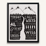 Trust in the Lord Proverbs 3:5-6 framed canvas Scripture wall art hand-drawn by Scripture Type #color_black & white