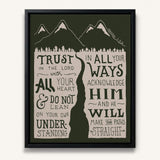 Trust in the Lord Proverbs 3:5-6 framed canvas Scripture wall art hand-drawn by Scripture Type #color_forest
