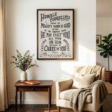 Humble yourselves casting all your anxiety 1 Peter 5:6-7 framed canvas wall art hand-drawn by Scripture Type #color_stone