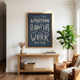 Work with your hands 1 Thessalonians 4:11 framed canvas wall art hand-drawn by Scripture Type #color_navy