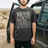The Solas Tee hand-drawn design of the five solas by Scripture Type
